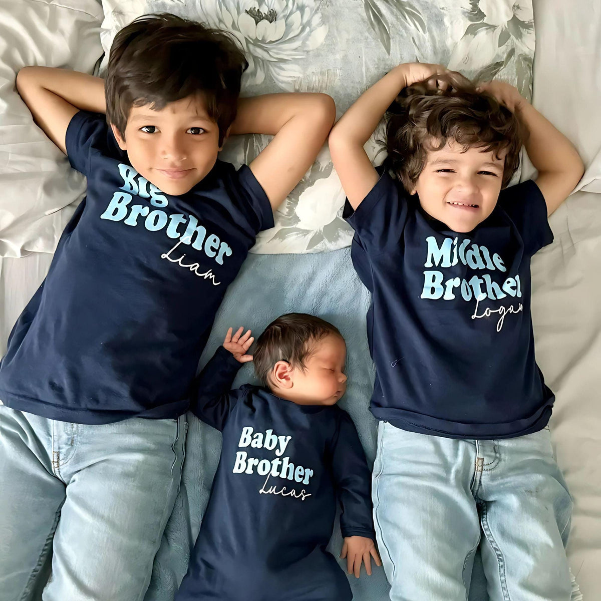 Sibling Big Little Middle Baby Brother Shirts, Matching Family Shirts, Navy Blue Sweatshirt, Tee Shirt or Romper Newborn Coming Home Outfit