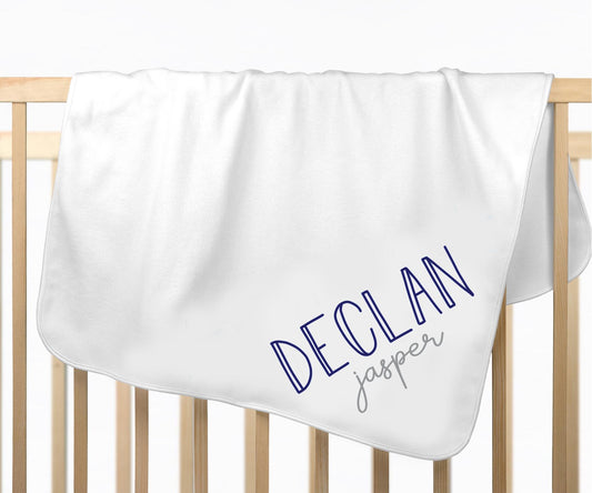 Personalized Newborn Baby Boy Blanket: White Navy and Gray Name Swaddle