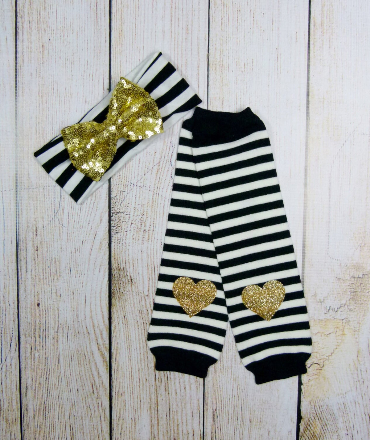 Newborn Leg Warmers: Black Stripe with Gold Glitter Hearts