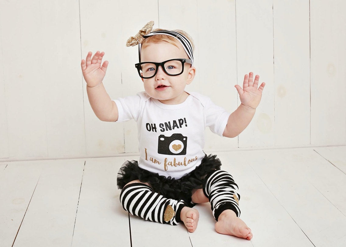 Baby Girl Clothes Hipster, Funny Baby Gift, Baby Clothes, Photographer Gift, Oh Snap I Am Fabulous Gold Black Sequin Bow Headband Leg Warmer