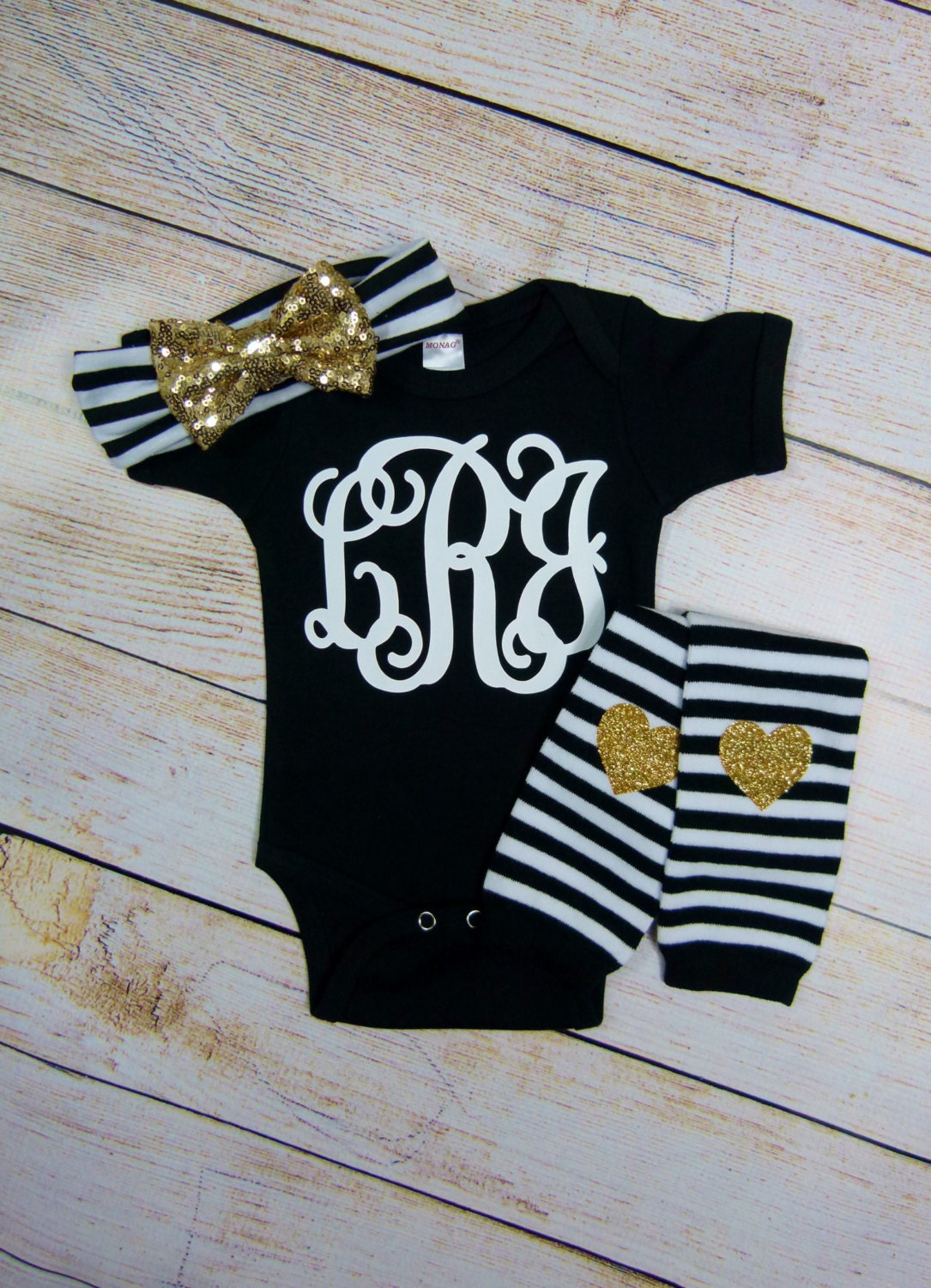 Baby Girl Headband: Black White Stripe, Gold Sequin Bow