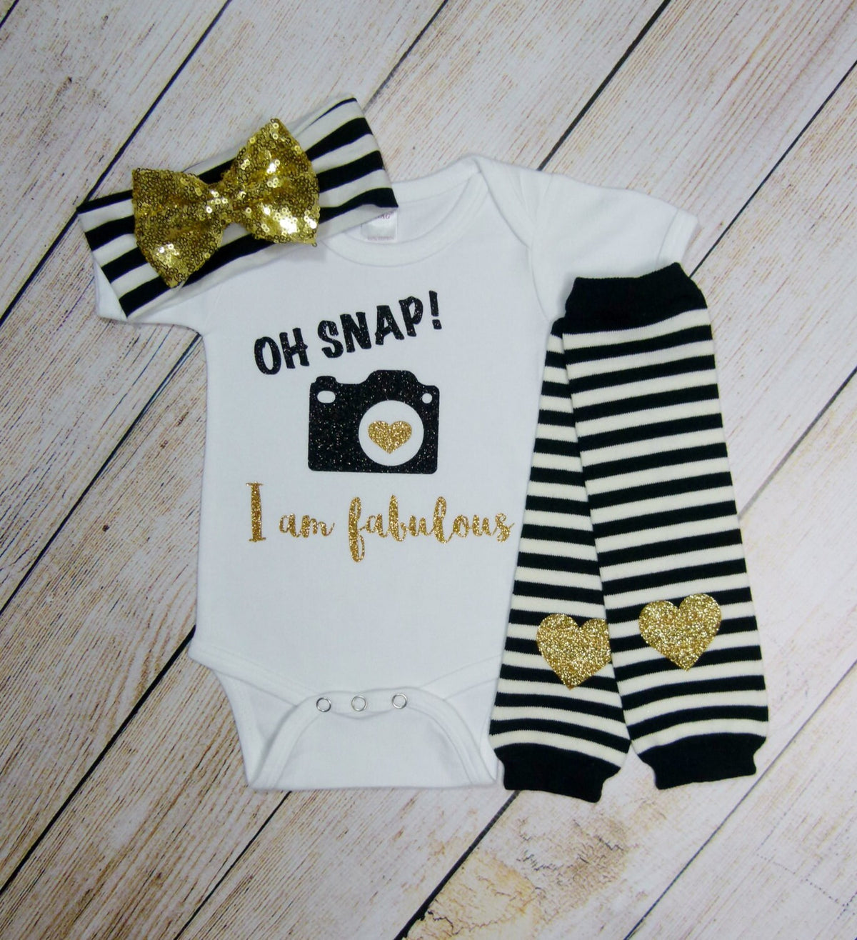 Baby Girl Headband: Black White Stripe, Gold Sequin Bow