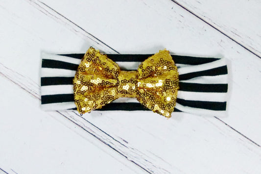 Baby Girl Headband: Black White Stripe, Gold Sequin Bow