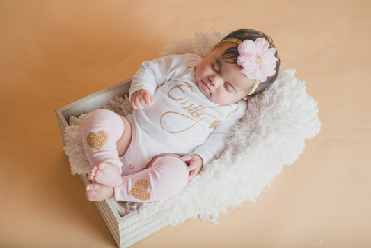 Personalized Baby Girl Outfit: Newborn Take Home Gown, Glitter Heart Leg Warmers