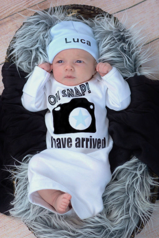 Personalized Newborn Boy Outfit: Coming Home Gown & Beanie Set