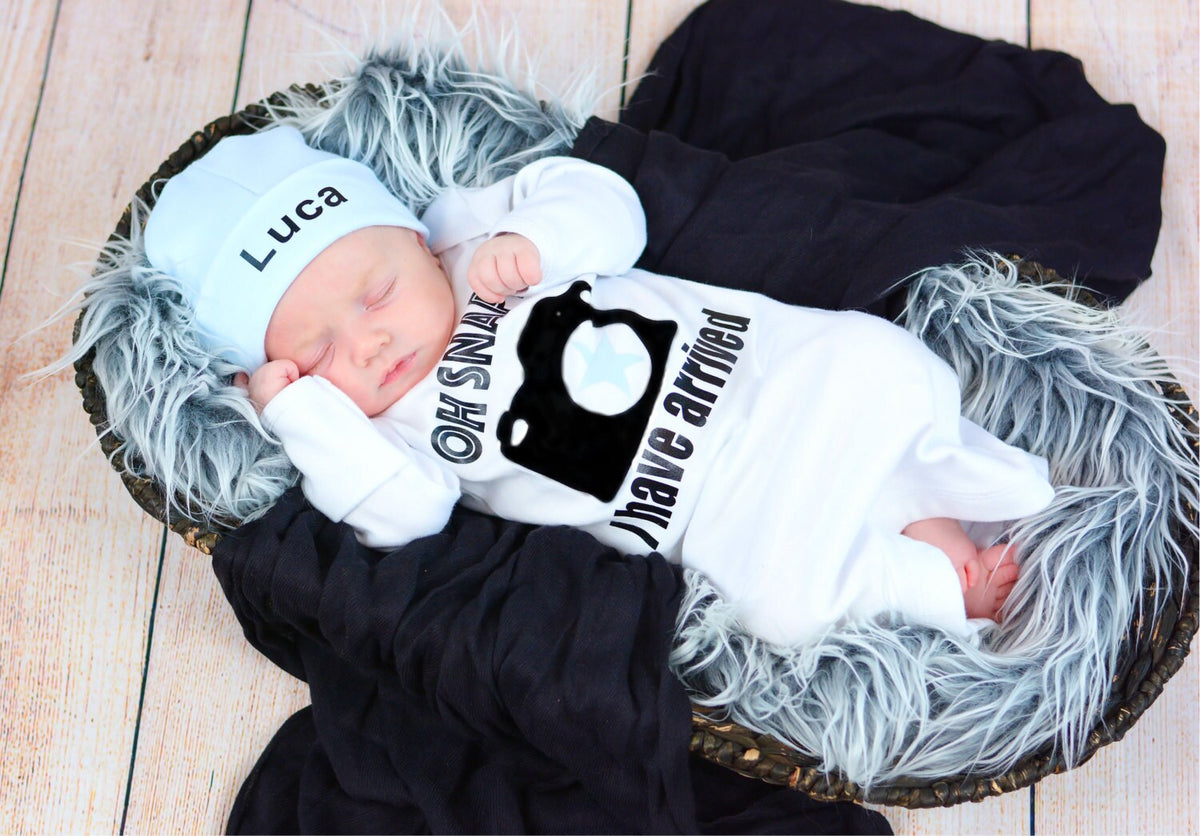 Personalized Newborn Boy Outfit: Coming Home Gown & Beanie Set