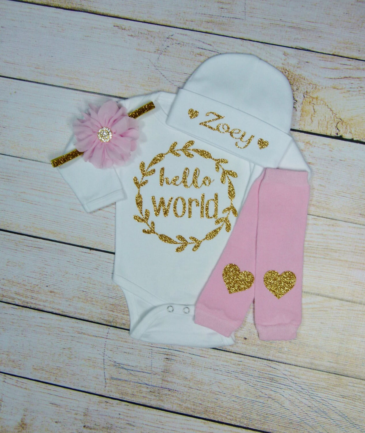 Personalized Baby Girl Beanie: Gold Glitter Name, White Infant Hat
