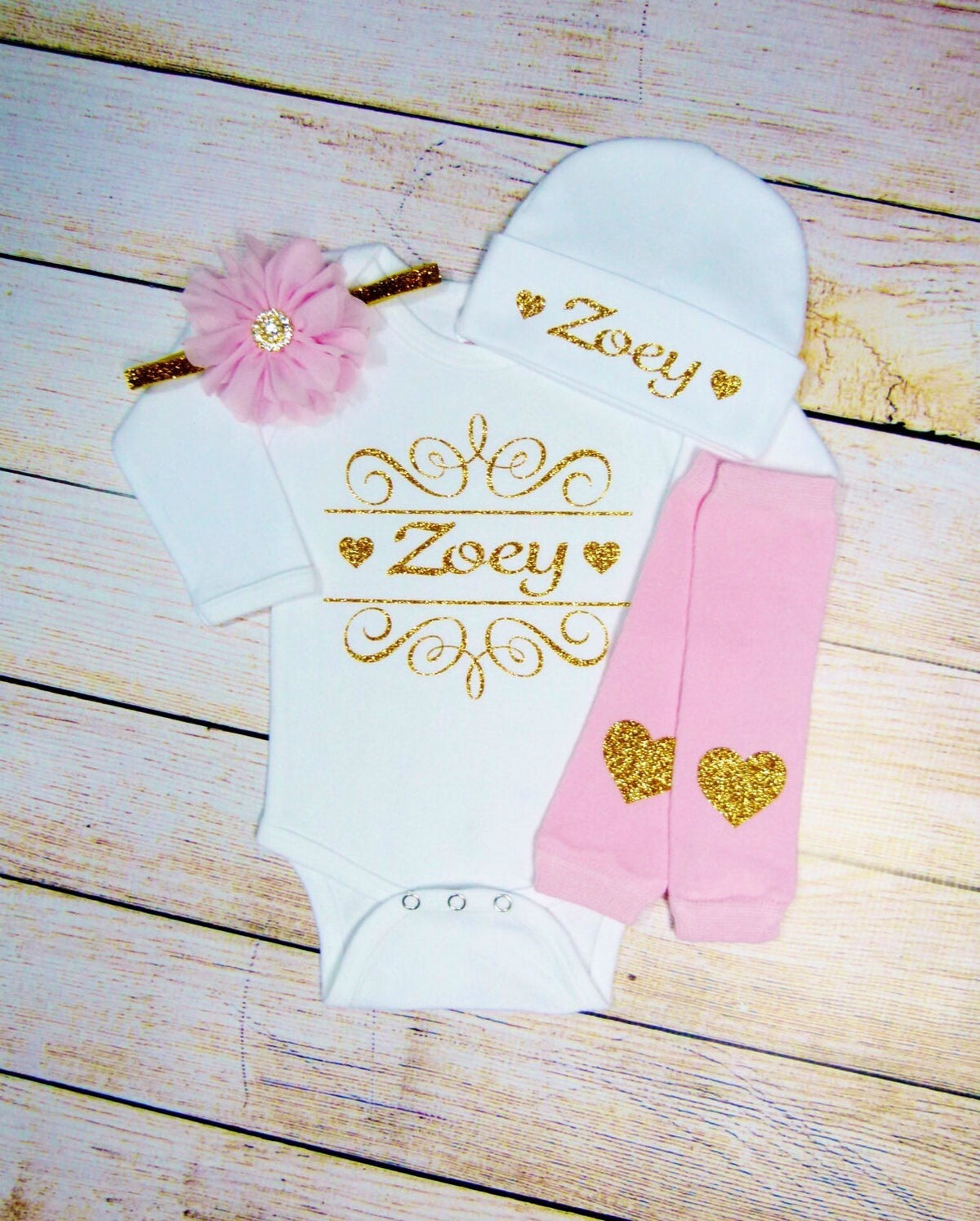 Personalized Baby Girl Beanie: Gold Glitter Name, White Infant Hat