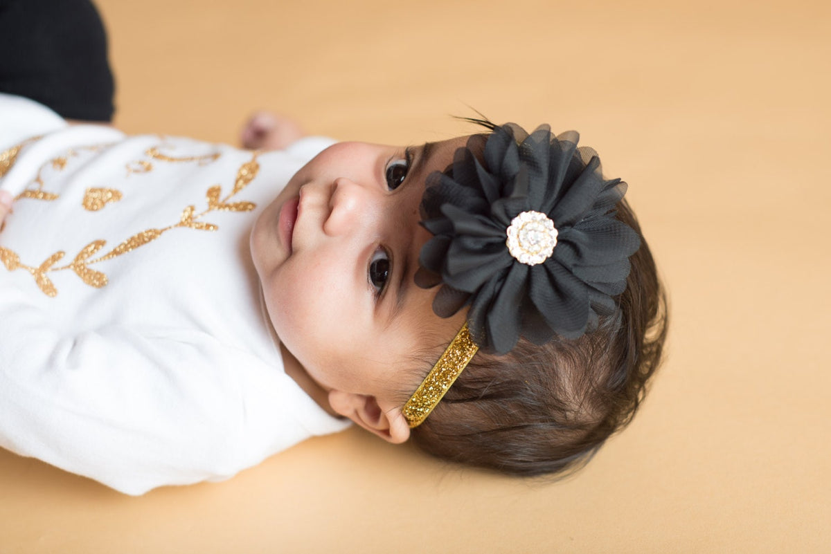 Baby Girl Black Gold Glitter Headband Newborn Baby Girl Accessory Black Flower and Rhinestone Photo Prop