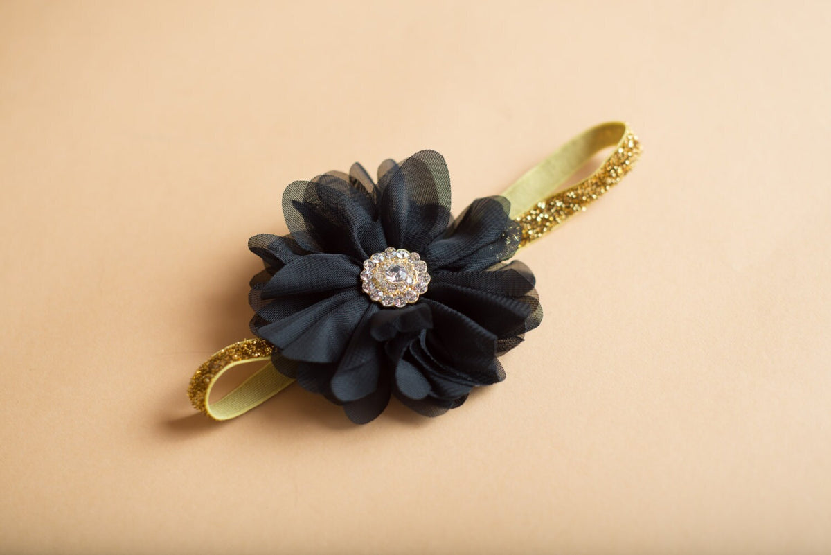 Baby Girl Black Gold Glitter Headband Newborn Baby Girl Accessory Black Flower and Rhinestone Photo Prop