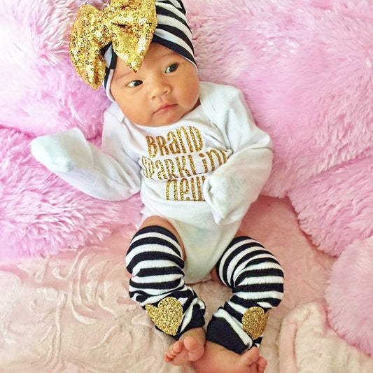 Newborn Leg Warmers: Black Stripe with Gold Glitter Hearts