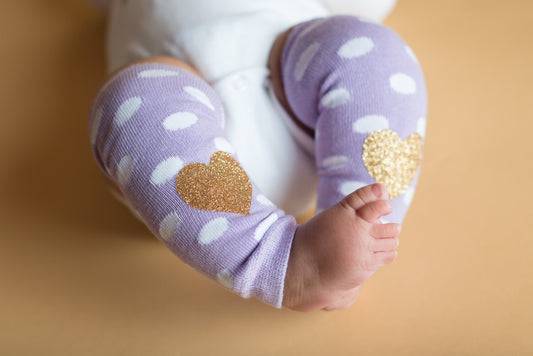 Baby Leg Warmers: Lavender, White Dot, Gold Glitter Heart