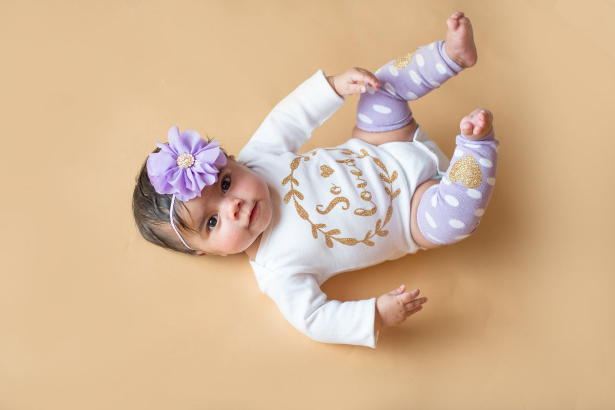 Baby Leg Warmers: Lavender, White Dot, Gold Glitter Heart