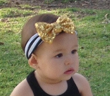 Baby Girl Headband: Black White Stripe, Gold Sequin Bow