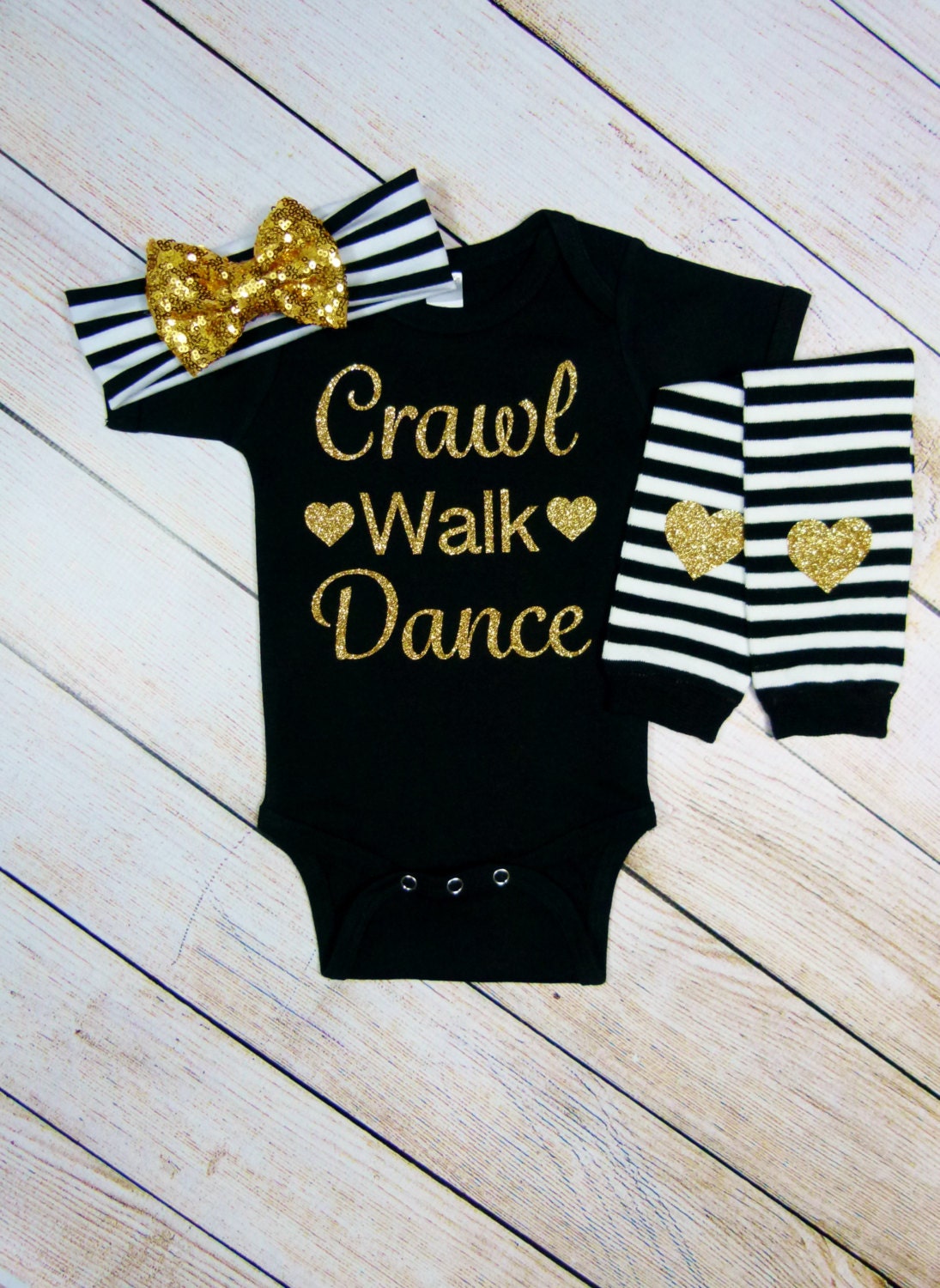 Crawl Walk Dance Baby Bodysuit: Black & Gold, Leg Warmers, Headband
