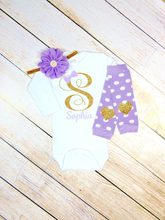 Personalized Baby Girl Outfit: Lavender, Gold Glitter Monogram Bodysuit