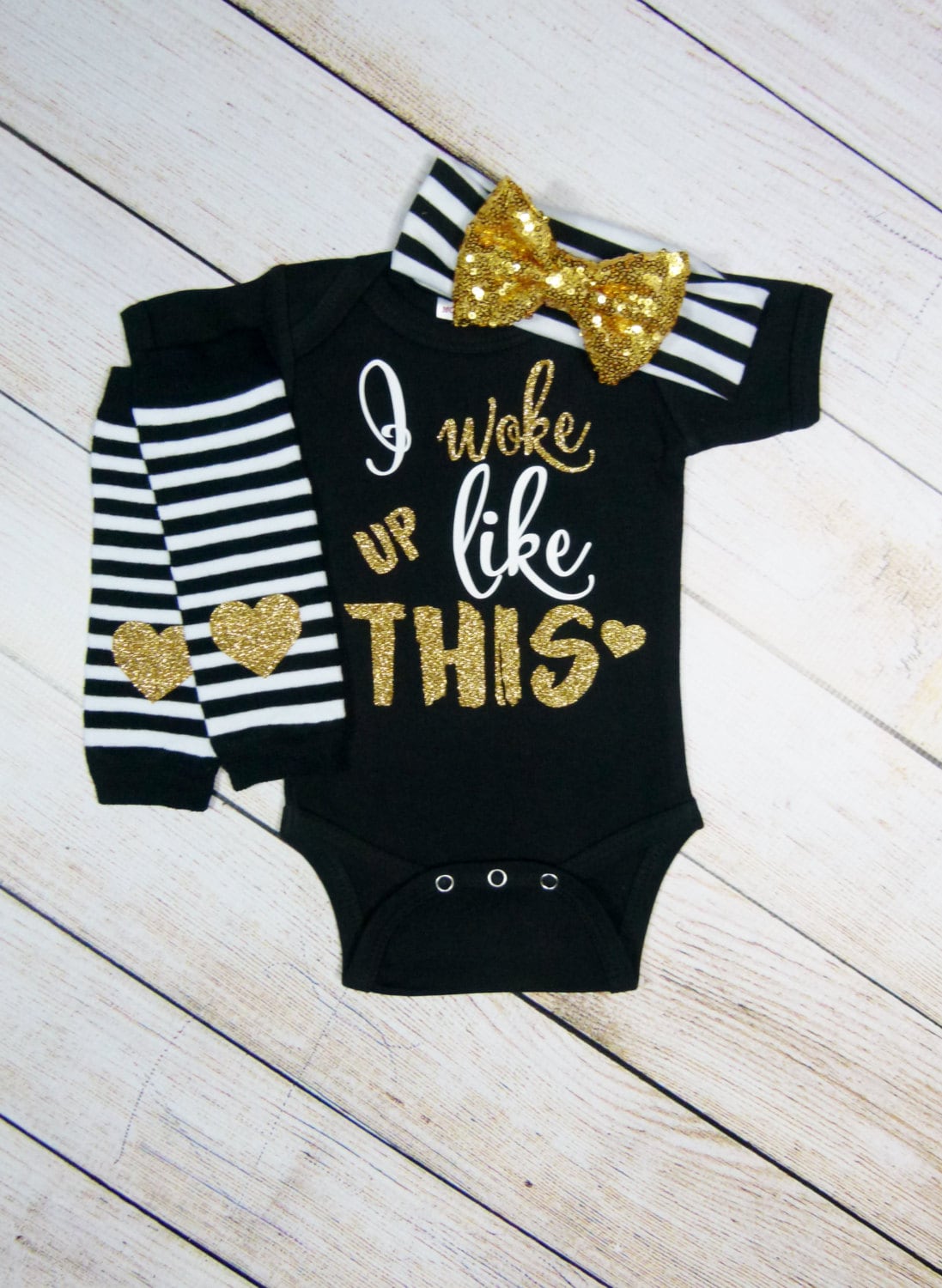 Baby Girl Outfit: "I Woke Up Like This" Bodysuit, Gold Sequin Headband & Leg Warmers