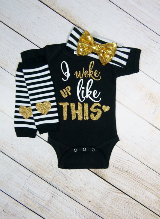 Baby Girl Outfit: "I Woke Up Like This" Bodysuit, Gold Sequin Headband & Leg Warmers