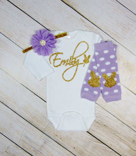 Personalized Easter Baby Outfit: Gold Glitter Bunny Bodysuit, Lavender Leg Warmers