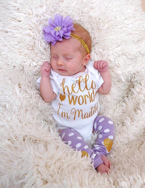 Newborn Girl Outfit: Personalized Hello World Bodysuit, Lavender Leg Warmers, Gold Glitter Headband