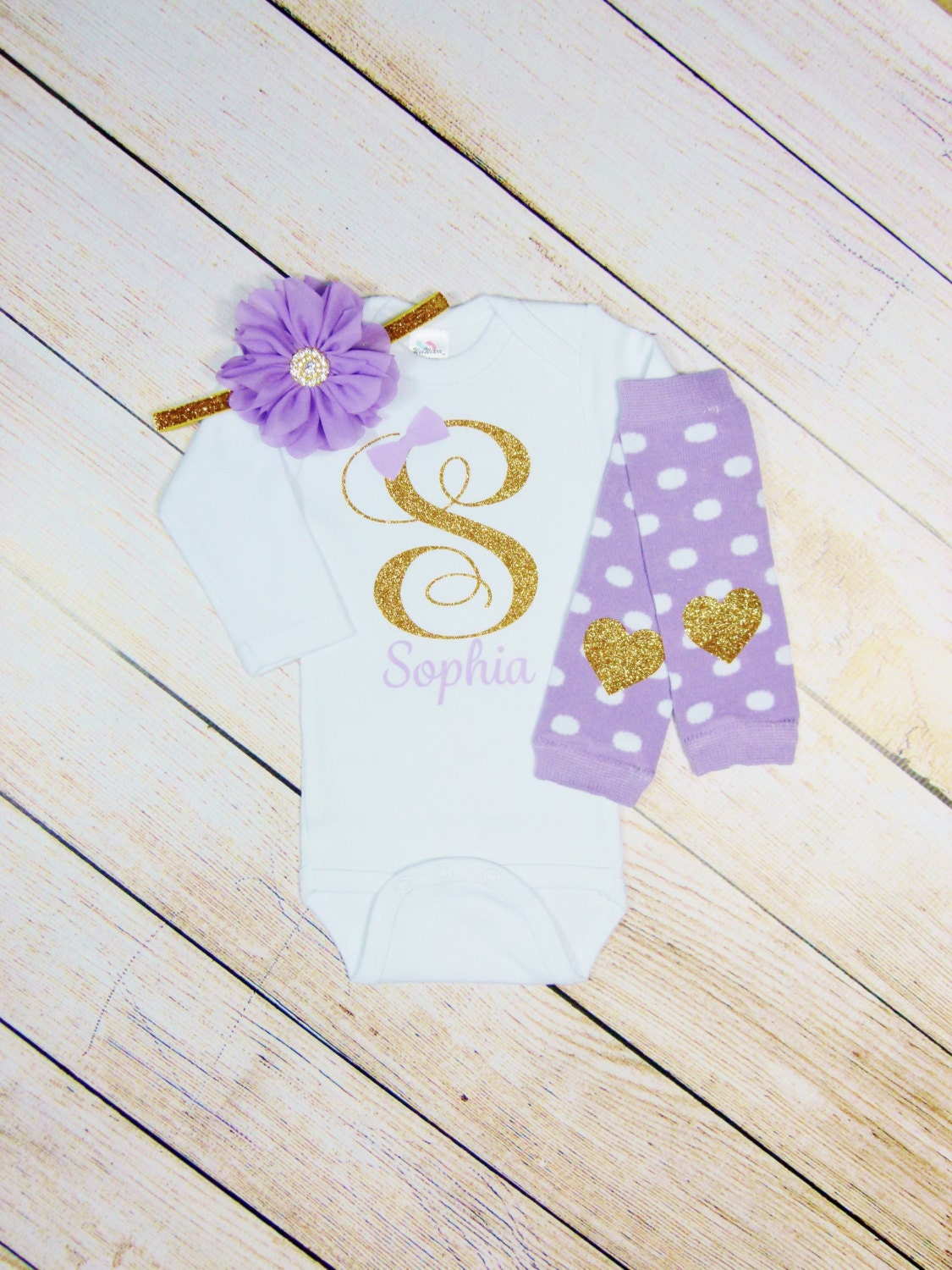 Baby Leg Warmers: Lavender, White Dot, Gold Glitter Heart