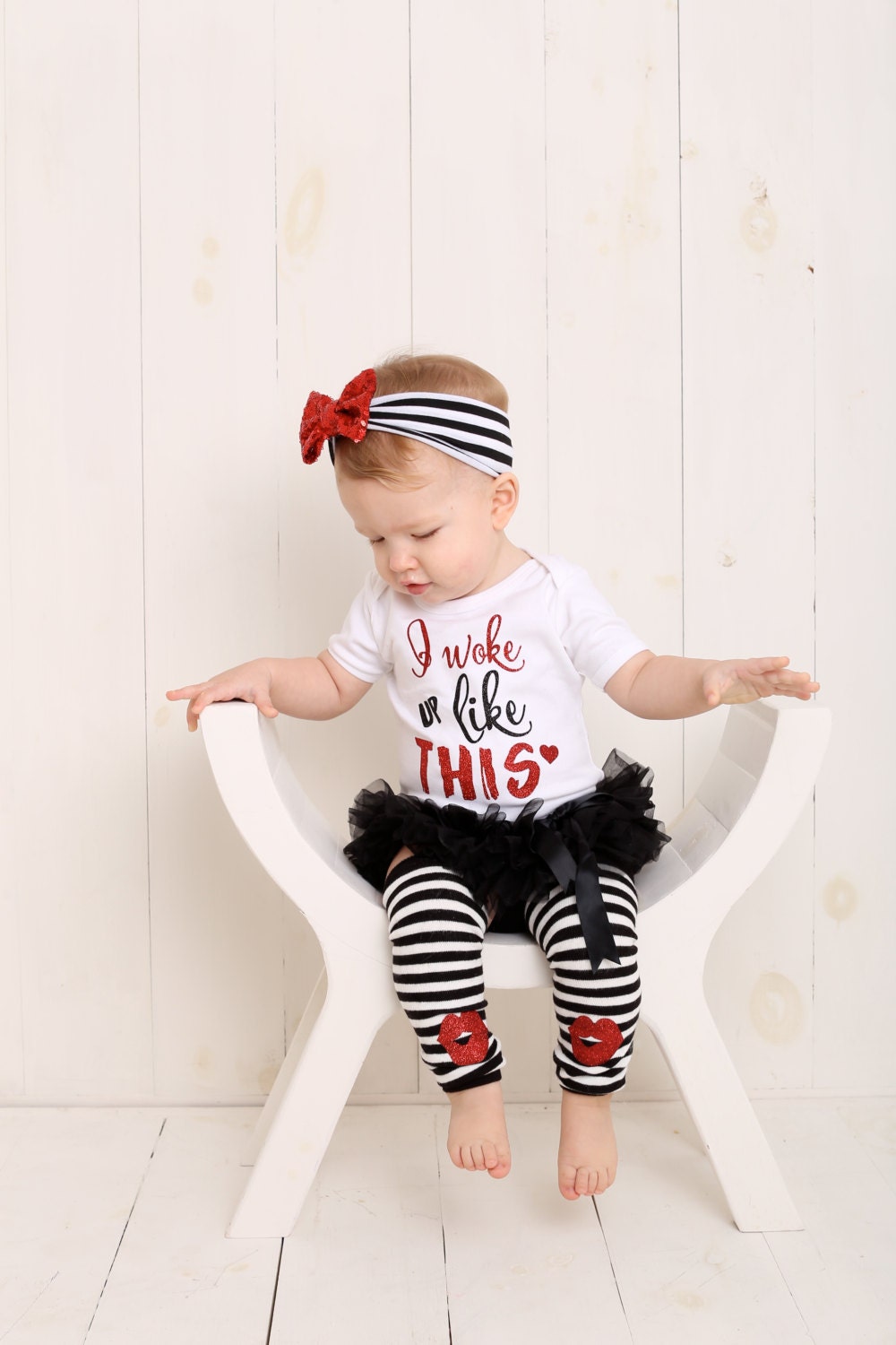 Baby Girl Outfit: "I Woke Up Like This" Bodysuit, Gold Sequin Headband & Leg Warmers