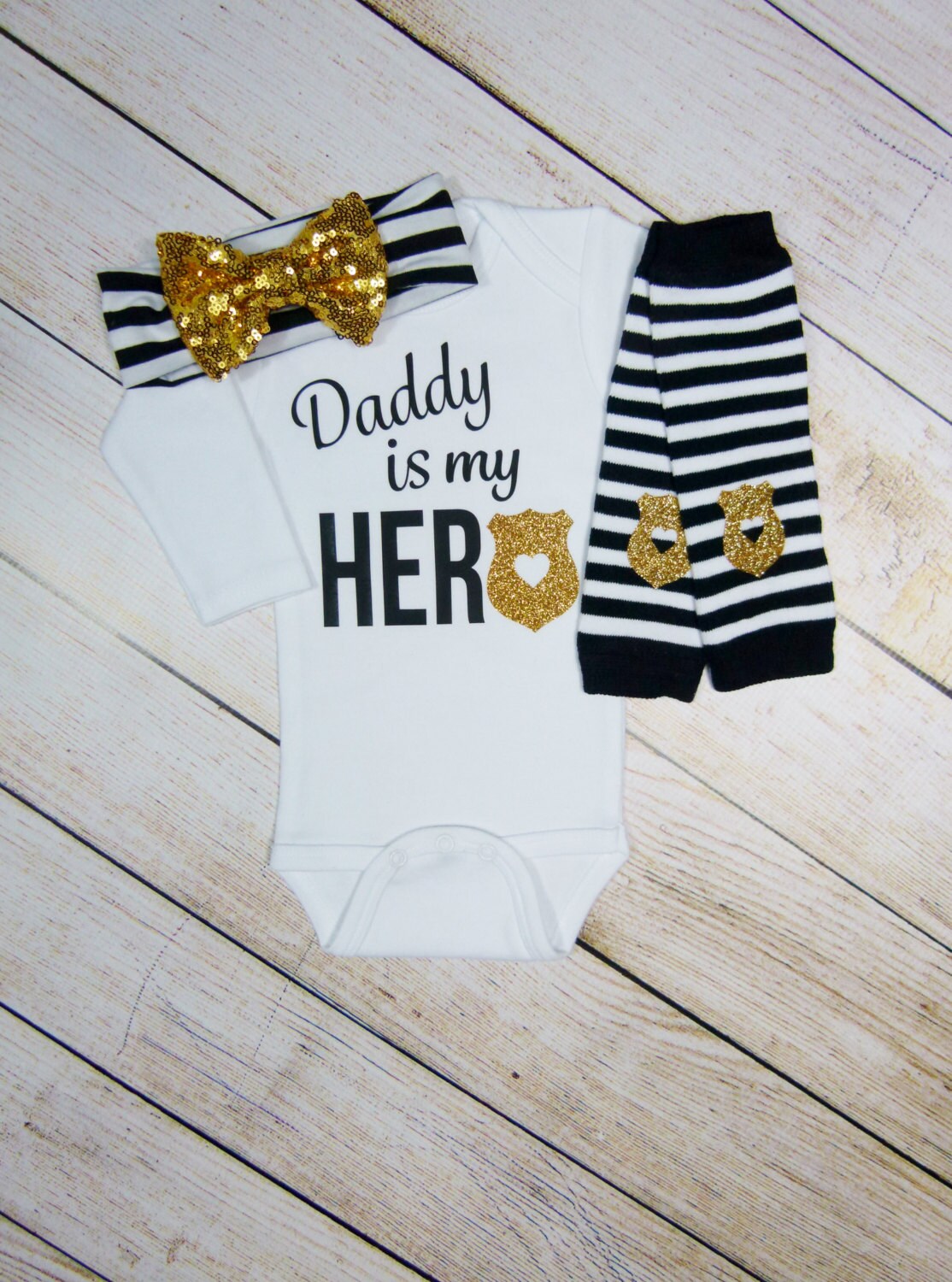 Police Baby Outfit: Gold Glitter Heart, Stripe Headband & Leg Warmers