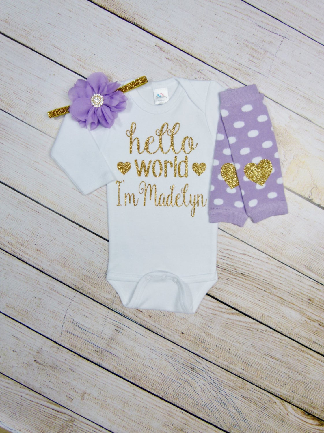 Newborn Girl Outfit: Personalized Hello World Bodysuit, Lavender Leg Warmers, Gold Glitter Headband